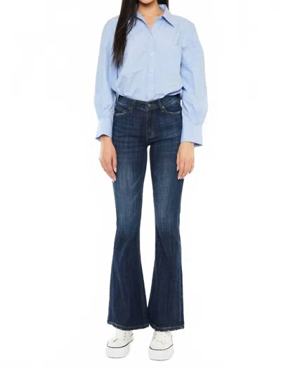 Kancan Mid Rise Flare Jeans In Dark Wash In Blue