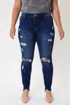 Kancan Mid Rise Super Skinny Destructed Jeans In Dark Wash In Blue