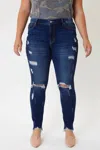 Kancan Mid Rise Super Skinny Destructed Jeans In Dark Wash In Blue