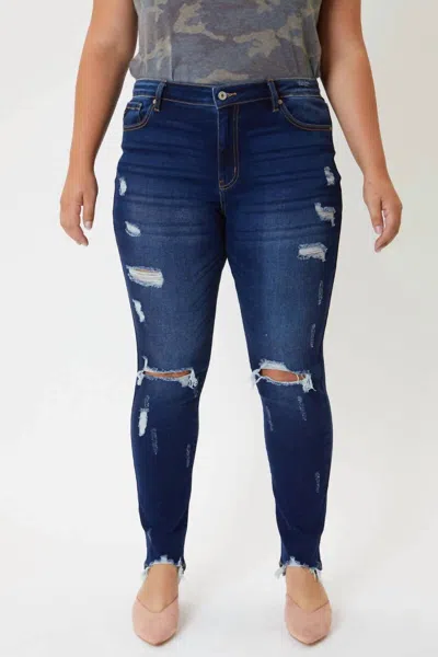 Kancan Mid Rise Super Skinny Destructed Jeans In Dark Wash In Blue