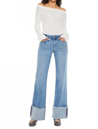 Kancan Mid Rise Wide Flare Cuff Western Jeans In Medium Wash In Blue