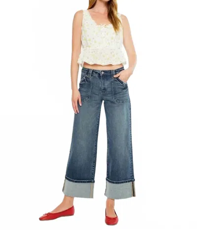 Kancan Mid Rise Wide Leg Cuffed Jeans In Blue In Multi