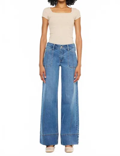 Kancan Mid Rise Wide Leg Jeans In Med Dark In Blue