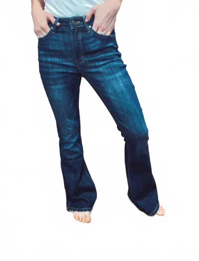 Kancan Ocala Petite Mid Rise Flare Jeans In Dark Stone Wash In Blue