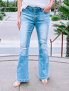 Kancan Plus Size High Rise Light Distressed Button Fly Flare Jeans In Blue Jeans