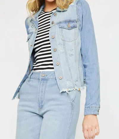 Kancan Princess Sleeve Two-tone Destructed Denim Jacket In Light Wash