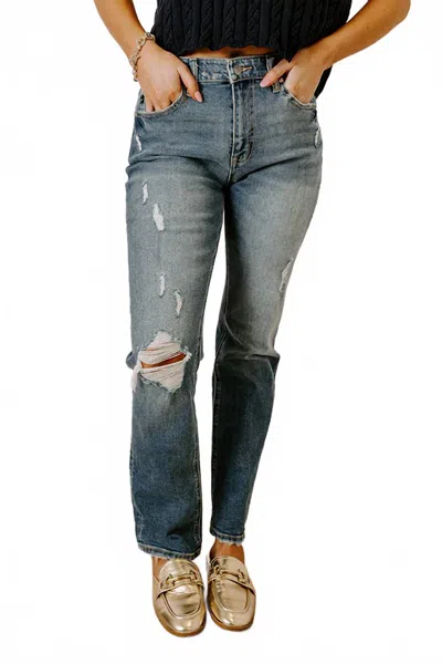 Kancan Reese High Waist Distressed Straight Leg Jeans In Denim Medium Wash In Blue