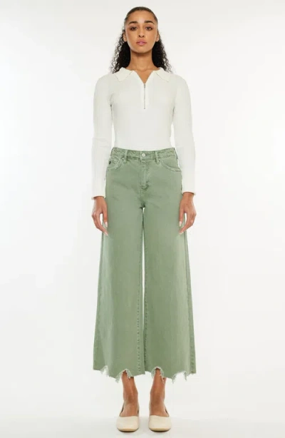Kancan High Rise Cropped Wide Leg Jean In Olive In Green