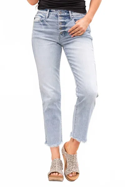 Kancan Silvia Exposed Button Fly High Rise Straight Fit Jeans In Light Blue Wash