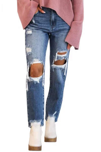 Kancan Stevenson High Rise Distressed Straight Leg Jeans In Medium Wash In Blue
