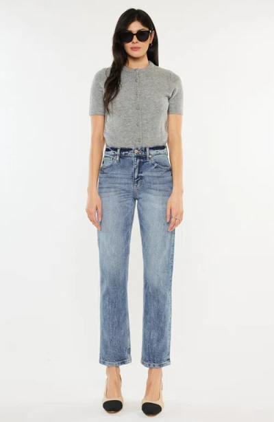 Kancan Finished Hem Straight Leg Jean In Medium Stone Wash In Blue