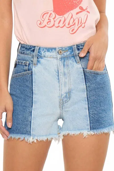 Kancan Two-tone Color Block Ultra High-rise Western Denim Shorts In Medium In Blue