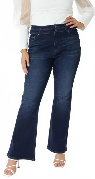Kancan Ultra High Rise Double Button Flare Jeans In Dark Wash In Blue