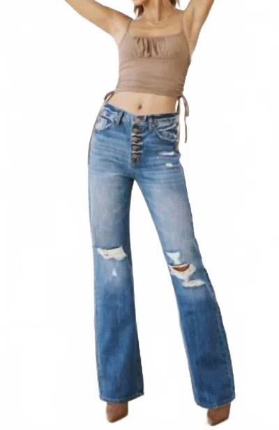 Kancan Ultra High Rise Exposed Button 90's Flare Jeans In Medium Wash In Blue