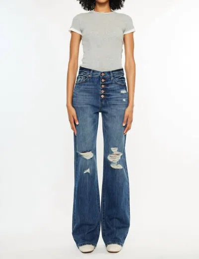 Kancan Ultra High Rise Exposed Button 90's Flare Jeans In Medium Wash In Blue