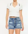 KANCAN ULTRA HIGH RISE EXPOSED BUTTON RELEASED HEM SHORTS IN BLUE