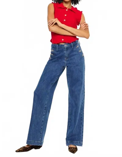 Kancan Wide Leg Drape Trousers In Dark Wash In Blue