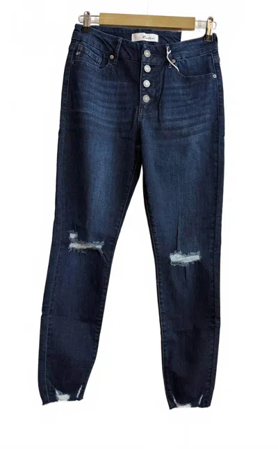 Kancan High Rise 5 Button Distressed Knee Jean In Dark Wash In Blue