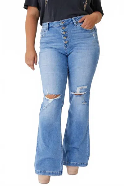 Kancan Women's Distressed Flare Jeans - Curvy In Light Wash In Blue