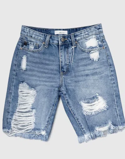Kancan Women's High Rise Distressed Bermuda Shorts In Medium Wash In Blue