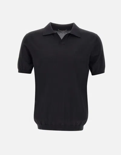 Kangra Black Cotton Polo Shirt With V Neck Collar