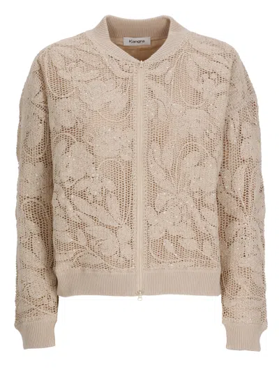 Kangra Cashmere Beige Cotton Embroidered Sequined Bomber Jacket In Multi