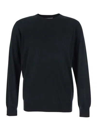 KANGRA CASHMERE BLACK CREWNECK SWEATER WITH RIBBED TRIMS IN WOOL MAN