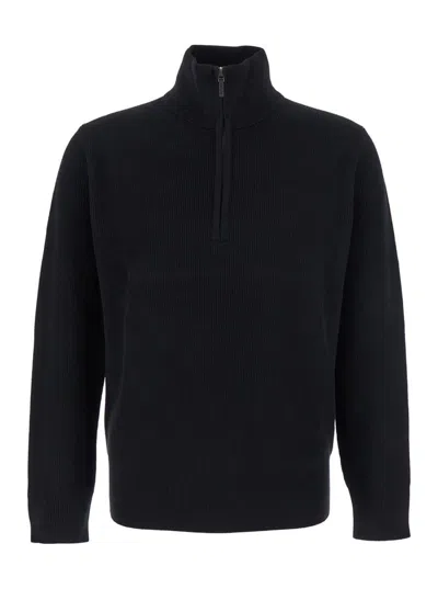 KANGRA CASHMERE BLACK SWEATER WITH HIGH NECK AND HALF ZIP CLOSURE ON THE FRONT IN WOOL MAN