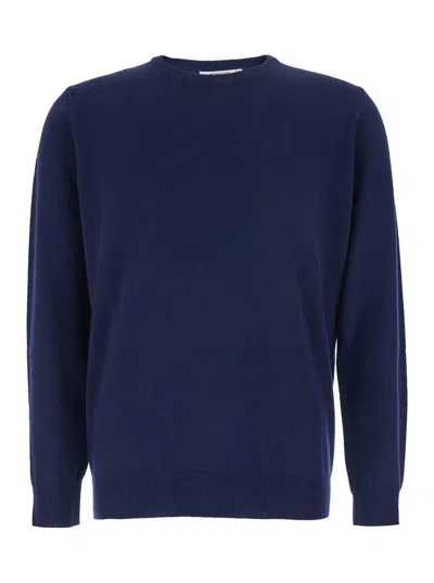 Kangra Cashmere Blue Crewneck Sweater With Ribbed Trims In Cashmere Man
