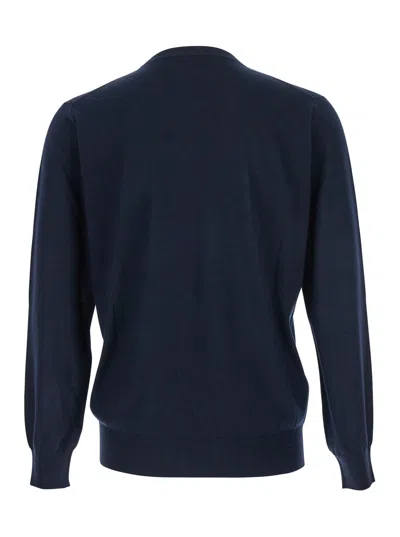 Kangra Cashmere Blue Crewneck Sweater With Ribbed Trims In Wool Man