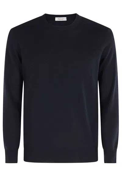 Kangra Cashmere Blue Round Neck Smooth Knit Wool Sweater