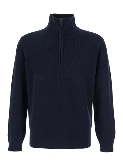 KANGRA CASHMERE BLUE SWEATER WITH HIGH NECK AND HALF ZIP CLOSURE ON THE FRONT IN WOOL MAN