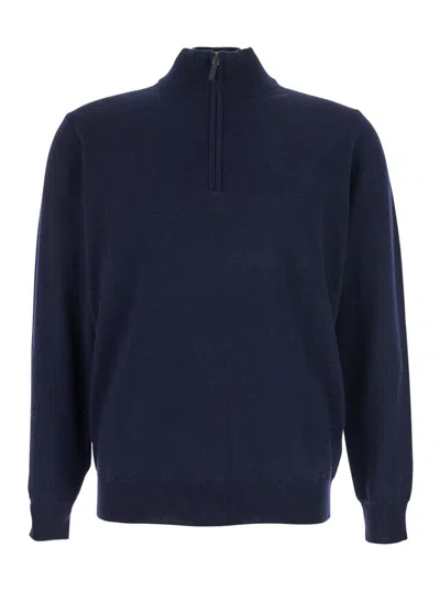 Kangra Cashmere Blue Sweater With High Neck And Half Zip Closure On The Front In Wool Woman