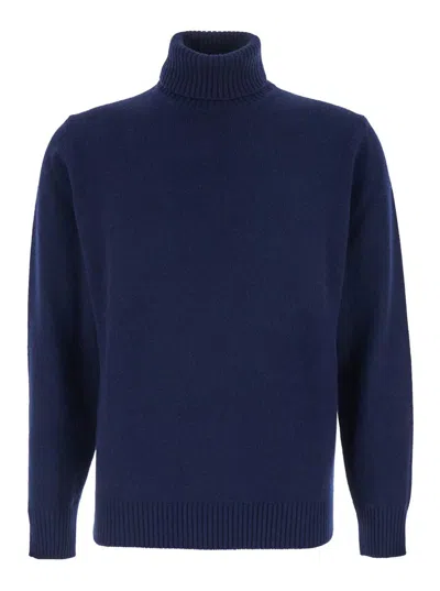 Kangra Cashmere Blue Turtleneck Sweater With Ribbed Trims In Wool Man