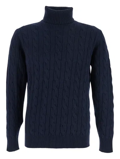 Kangra Cashmere Blue Turtleneck Sweater With Braided Design In Wool Man