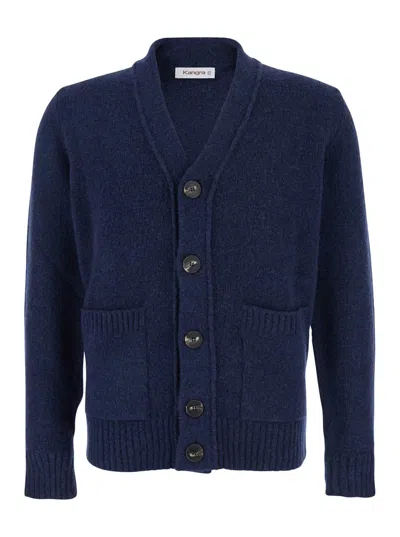 KANGRA CASHMERE BLUE V-NECK CARDIGAN WITH FRONT POCKETS IN WOOL MAN