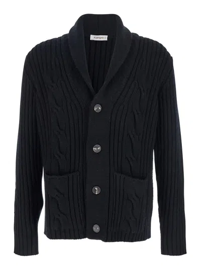 KANGRA CASHMERE BLACK INTERWOVEN KNIT CARDIGAN WITH SHAWL COLLAR IN CASHMERE MAN