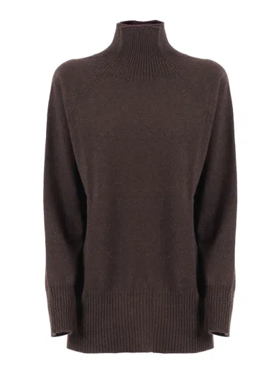 Kangra Cashmere Crater Neck Sweater With Raglan Sleeves And Vents In Brown