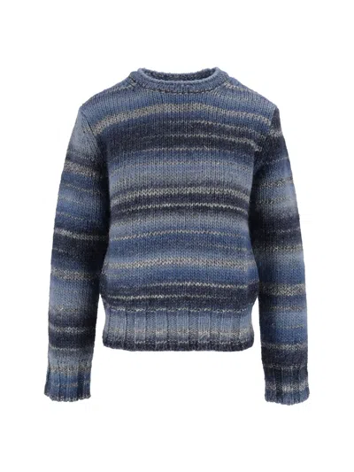 Kangra Cashmere Horizontal Striped Printed Yarn Crewneck Sweater In Blue