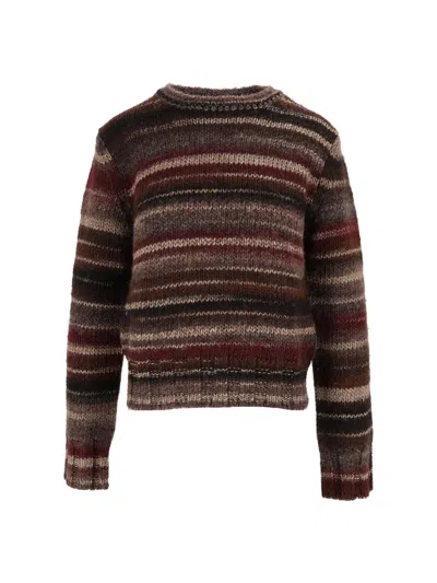 Kangra Cashmere Horizontal Striped Printed Yarn Crewneck Sweater In Brown
