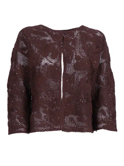 Kangra Cashmere Cropped Open Knit Sequined Top In Brown
