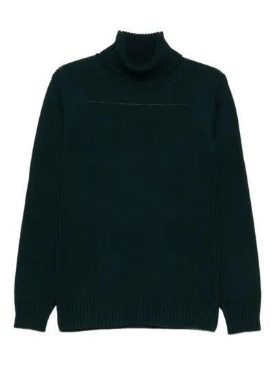KANGRA CASHMERE DEEP GREEN TURTLENECK SWEATER WITH RIBBED TEXTURES