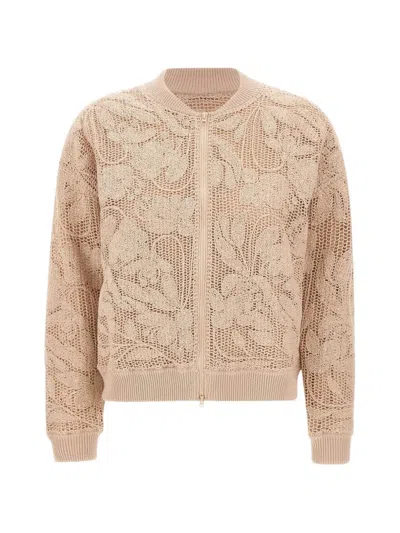 Kangra Cashmere Floral Embroidery Zip Bomber Jacket In Neutral