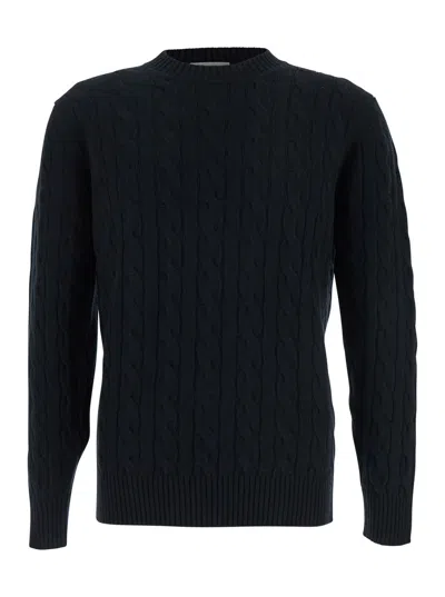 KANGRA CASHMERE BLACK CREW NECK SWEATER WITH BRAIDED DESIGN IN WOOL MAN
