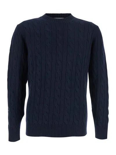 KANGRA CASHMERE BLUE CREW NECK SWEATER WITH BRAIDED DESIGN IN WOOL MAN