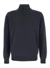Kangra Cashmere Grey Ribbed Knit Sweater With High Neck And Half Zip Closure In Wool Man In Blue
