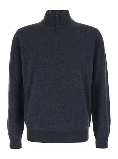KANGRA CASHMERE GREY RIBBED KNIT SWEATER WITH HIGH NECK AND HALF ZIP CLOSURE IN WOOL MAN