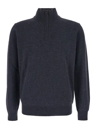 Kangra Cashmere Grey Ribbed Knit Sweater With High Neck And Half Zip Closure In Wool Man In Blue