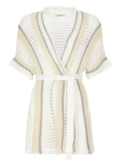 Kangra Cashmere Ivory Cashmere-cotton Knitted Cardigan With Sequined Stripes In Multi