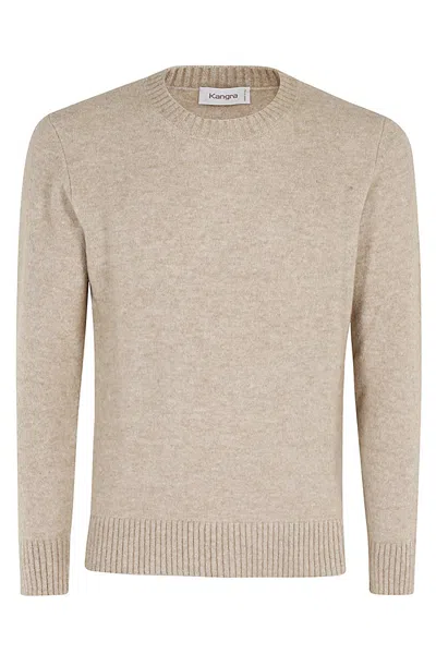 Kangra Cashmere Kangra Classic Crew Neck Sweater With Ribbed Piping In Neutrals